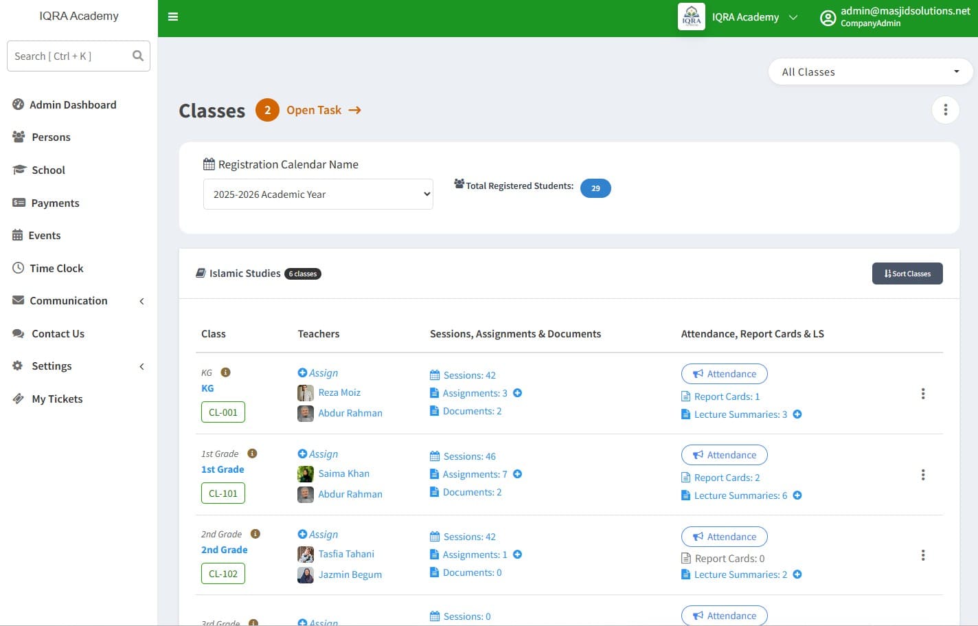 Classes and attendance management
