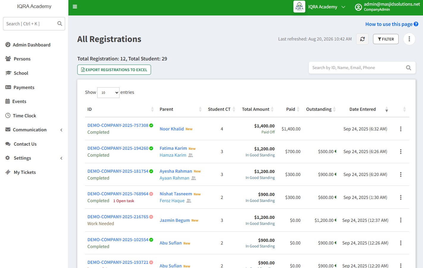 Student registrations list