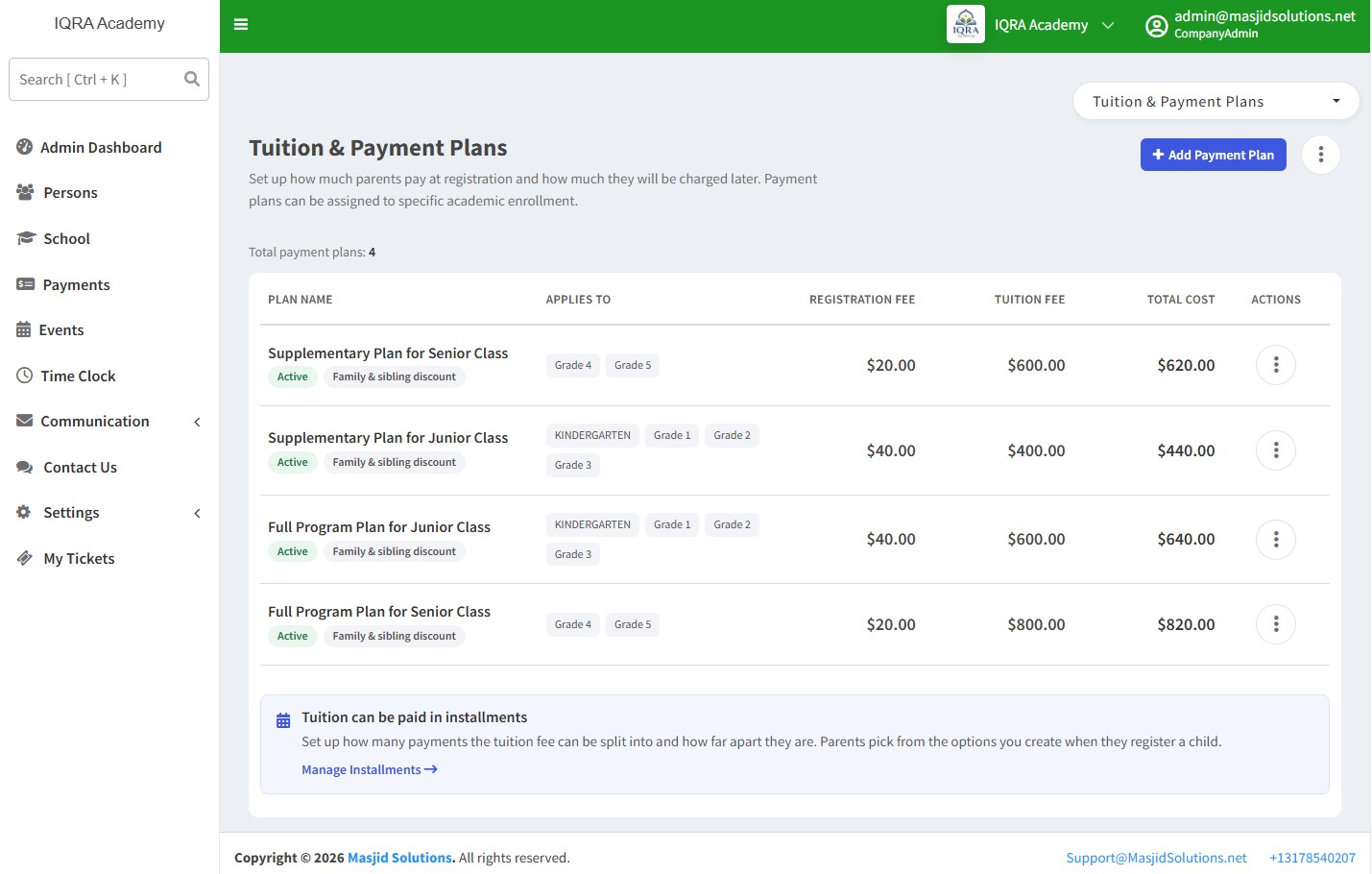 Tuition and payment plans